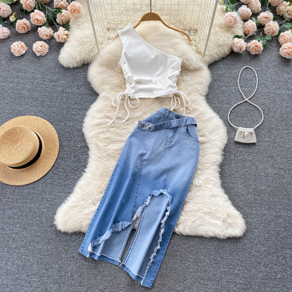 Women's Fashion Pleated Tie Crossbody Vest Irregular Raw Hem Denim Skirt Two-piece Set