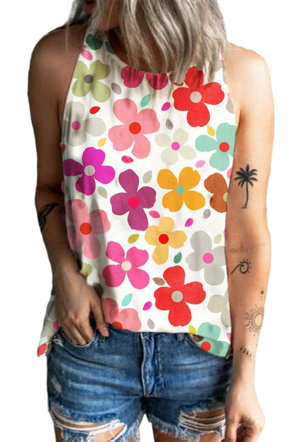 White Vibrant Floral Print Summer Tank Top