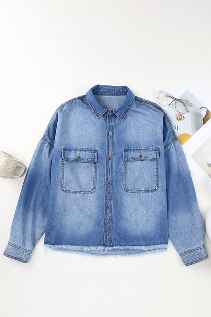 Sky Blue Flap Pockets Raw Hem Denim Shacket