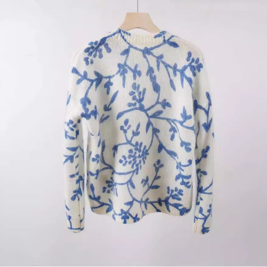 Mohair Printed Pullover Elegant Flower Porcelain Style