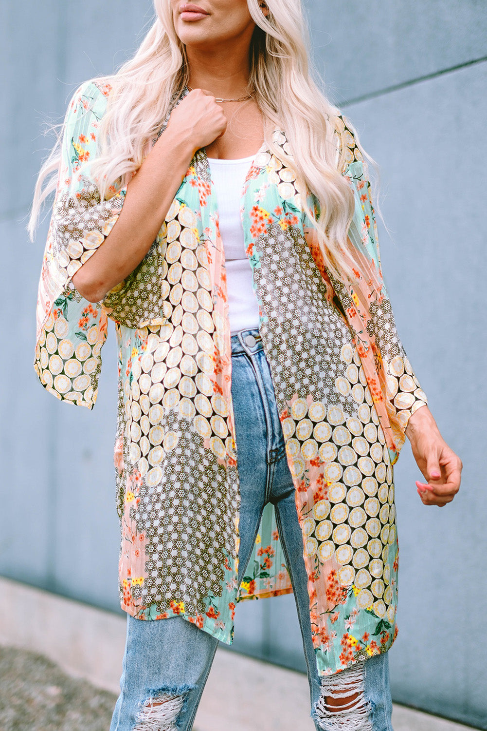 Multicolor Floral Open Sheer Shimmer Kimono