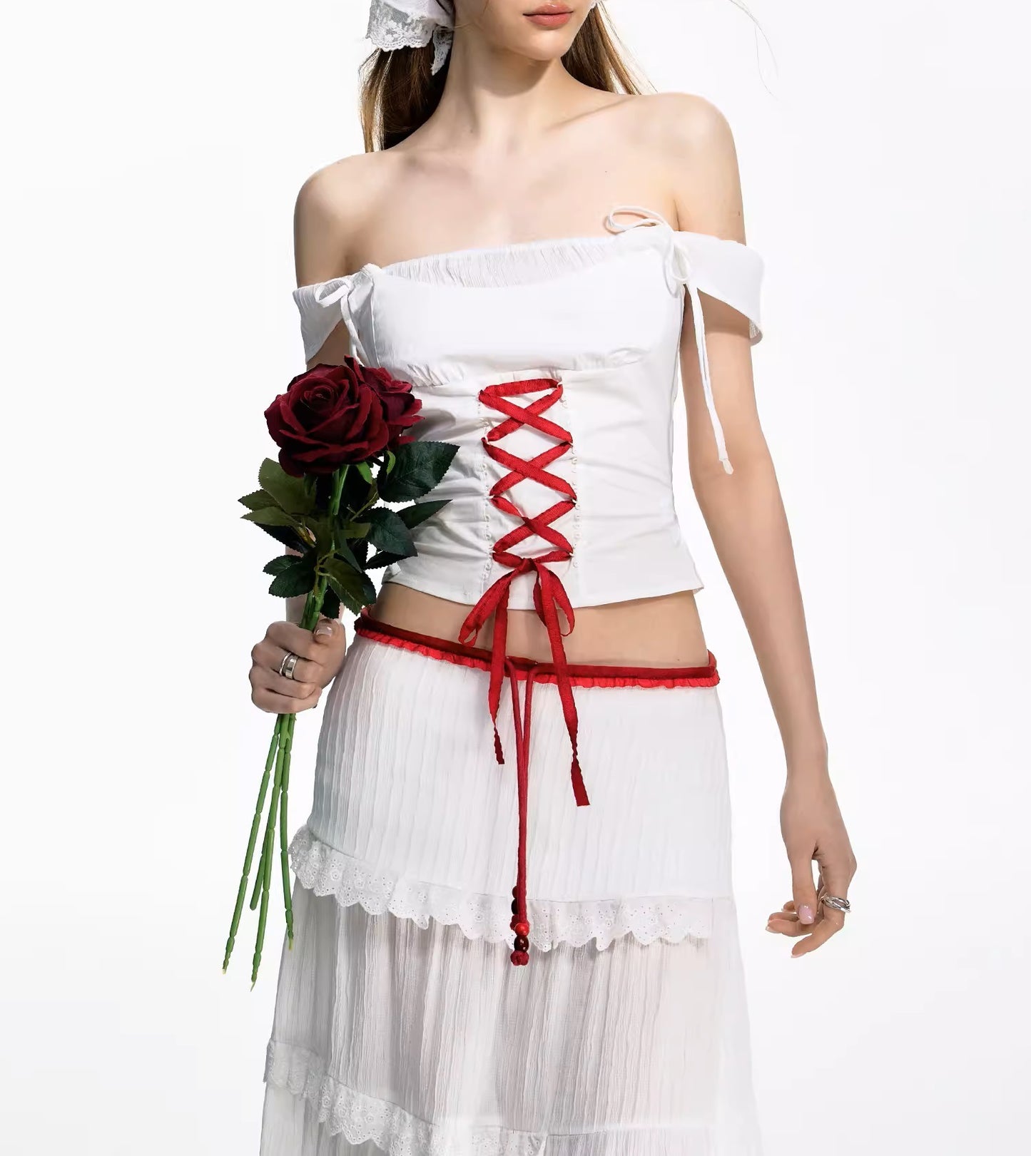 Women's White And Red Strap Off-shoulder Cake Dress Vacation Suit