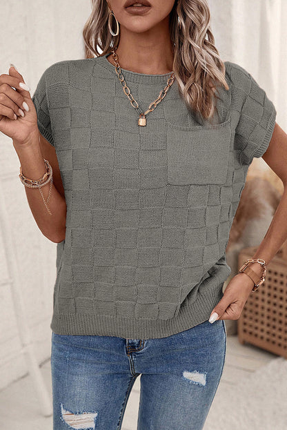 Blusa holgada con bolsillo en el pecho de punto con textura de celosía rosa brillante