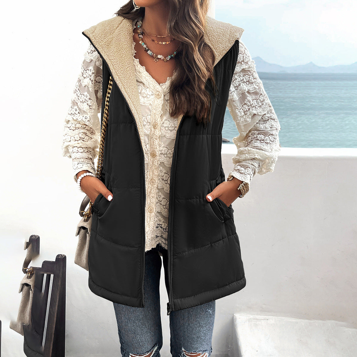 Gilet d'hiver pour femme, ample, mi-long, à capuche, en coton, avec poches, à la mode, chaud, fermeture éclair, manteau moelleux, vêtements d'extérieur