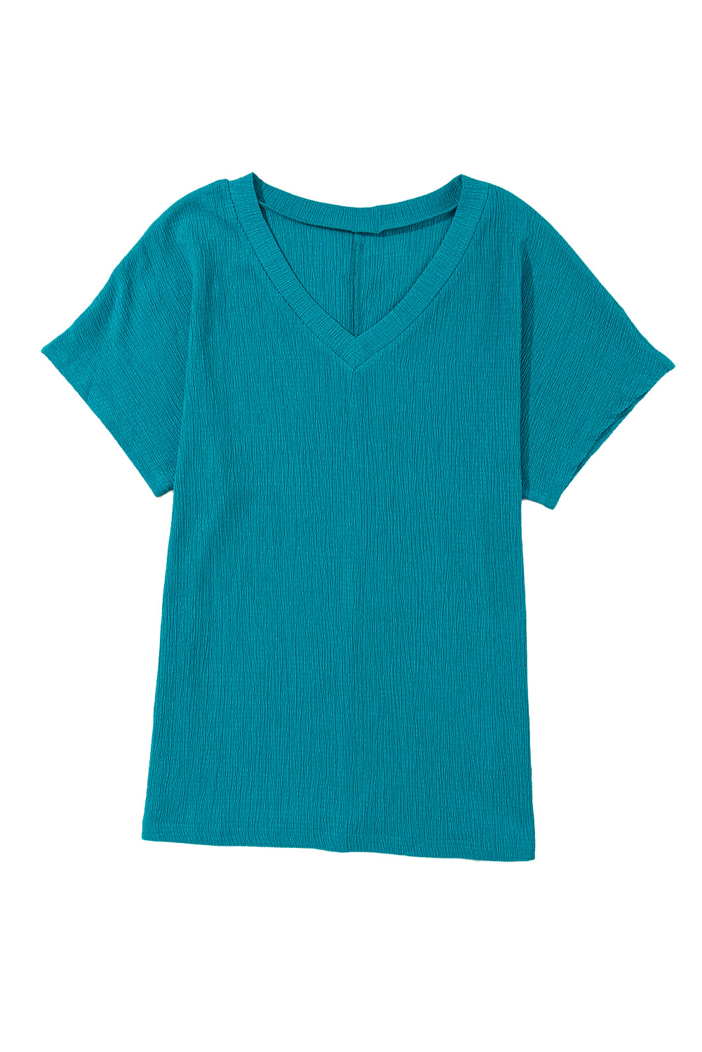 Blue Plain Crinkled V Neck Flounce Sleeve Blouse