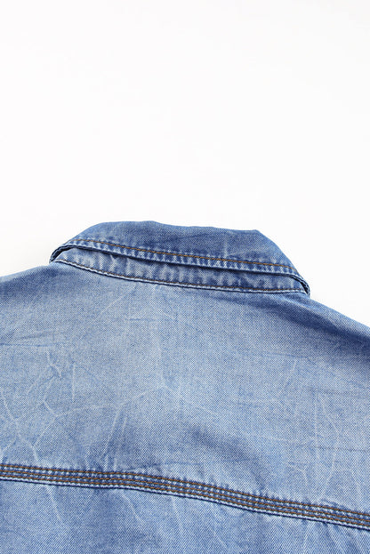 Sky Blue Flap Pockets Raw Hem Denim Shacket