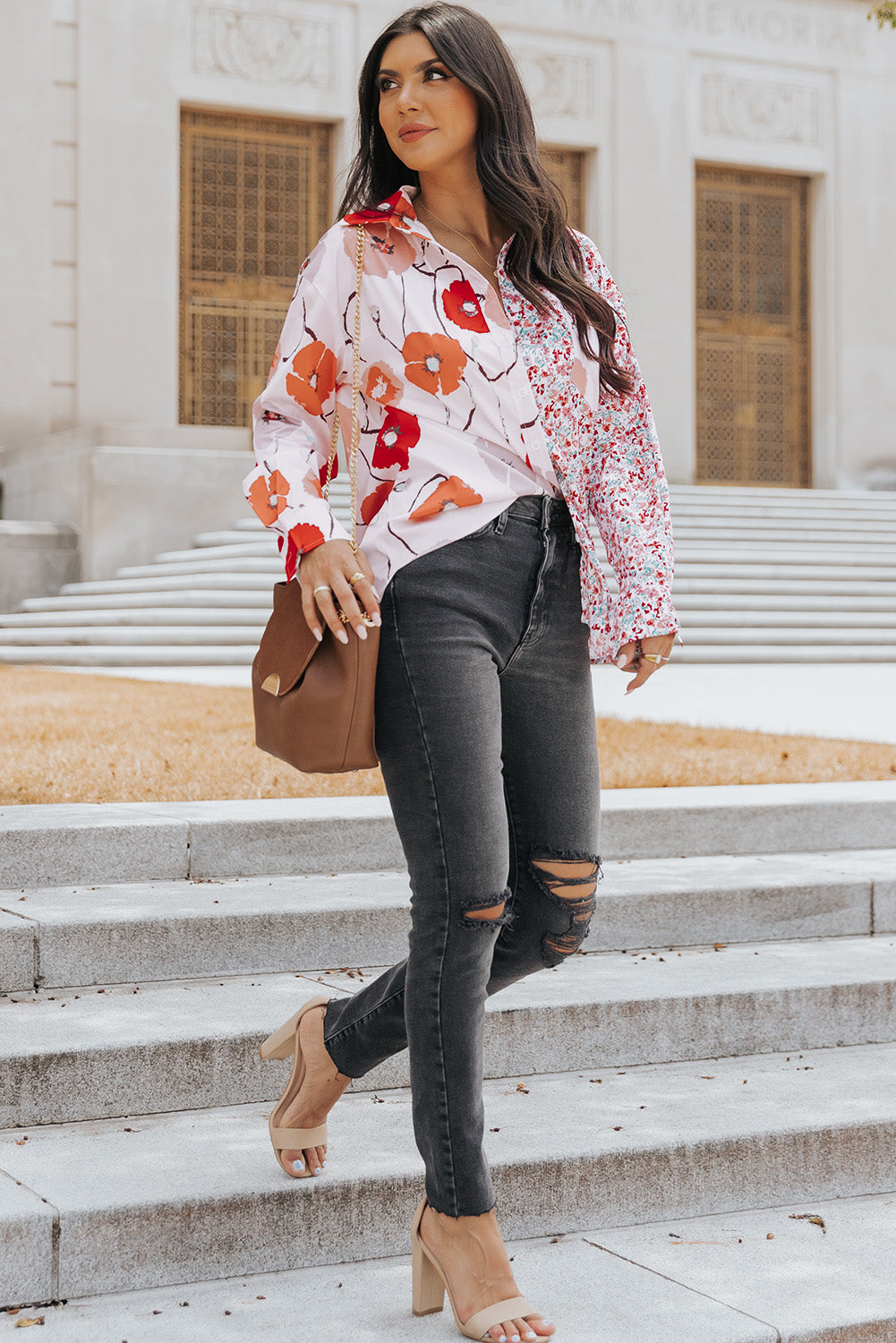 Chemise boutonnée en patchwork avec poches florales bohème rouge