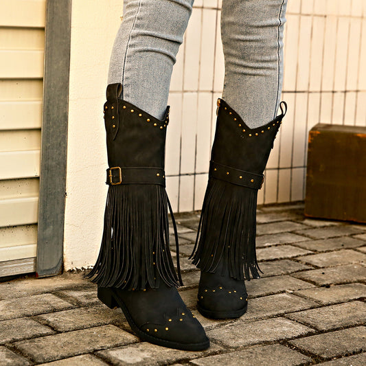 Bottes cloutées à talons blocs et franges