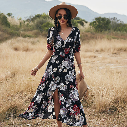 Vestido floral de playa de verano con vestidos de cintura elástica con cuello en V para mujer