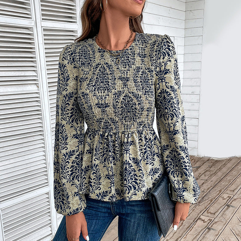 Women's Top Smocking Slim Fit Round Neck Long Sleeves Printed