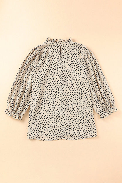 Khaki Frilled Neck 3/4 Sleeves Cheetah Blouse