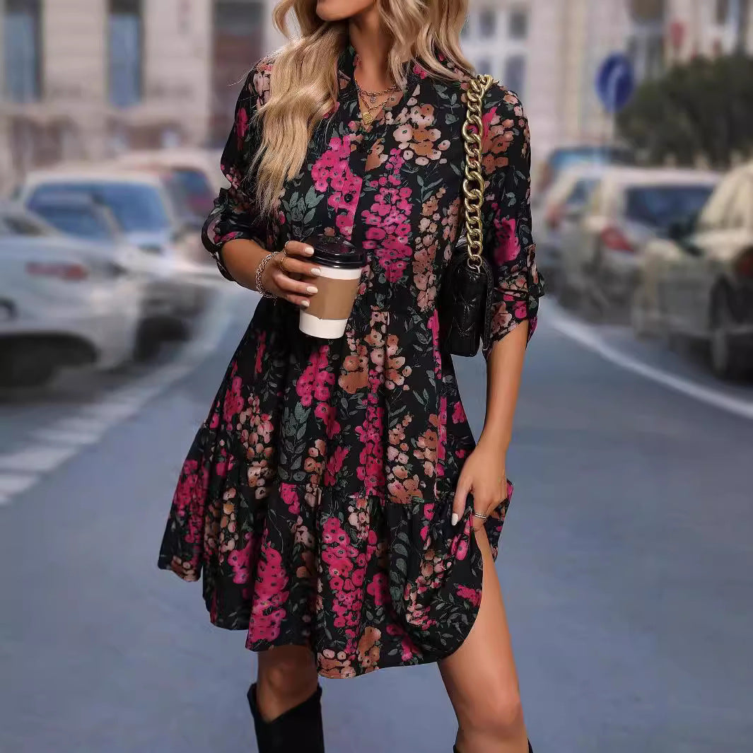 Autumn Elegant New Printed Shirt Dress Women