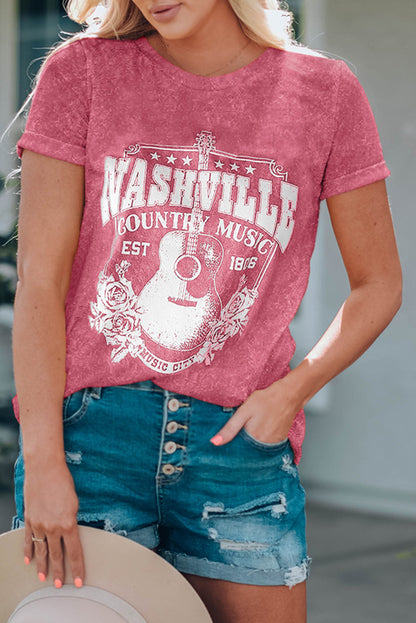 Fiery Red Nashville Music City Graphic Mineral Washed Tee