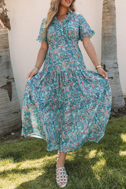 Robe longue à volants et à plusieurs niveaux style bohème imprimé cachemire bleu ciel