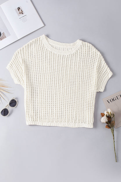 Apricot Fishnet Knit Ribbed Round Neck Short Sleeve Sweater Tee