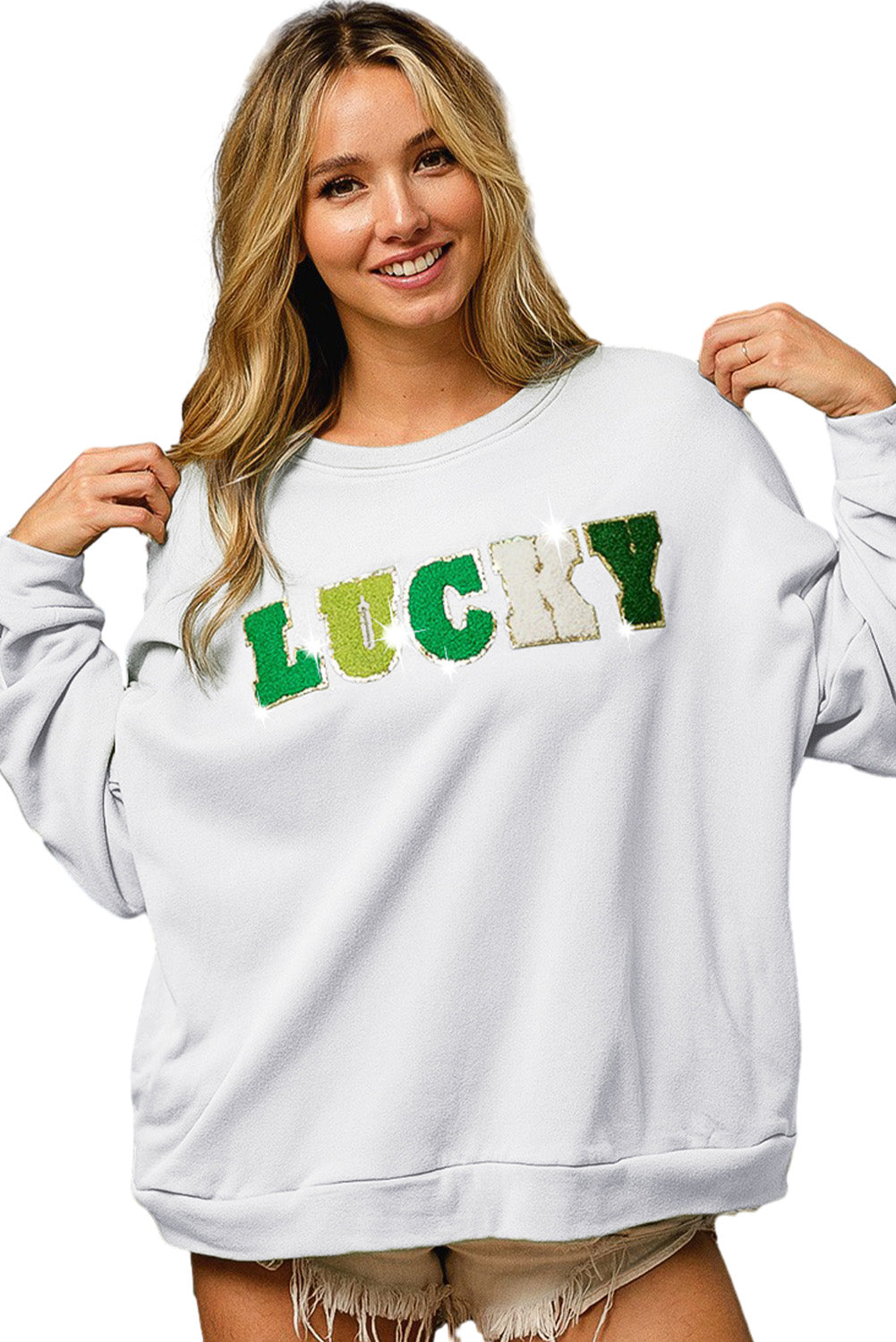 White Lucky Letter Embroidered Pullover Graphic Sweatshirt