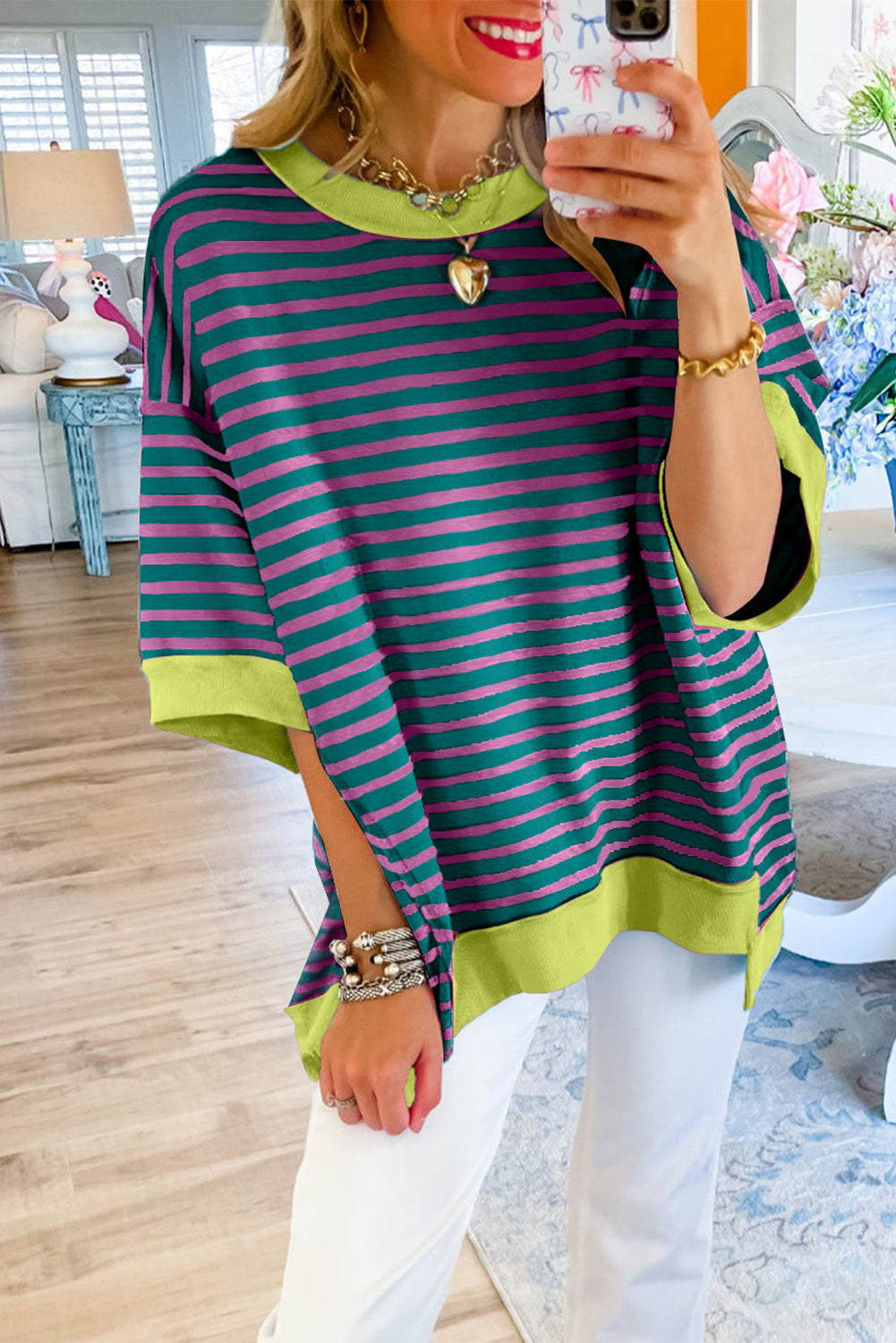 Pink Stripe Colorblock Drop Sleeve Loose Top