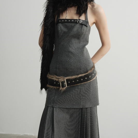 Stitching Belt Low Waist Elegant Gray Halter Pleated Split Dress