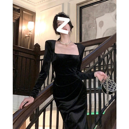 Daily Improvement Shoulder Pad Black Velvet Dress