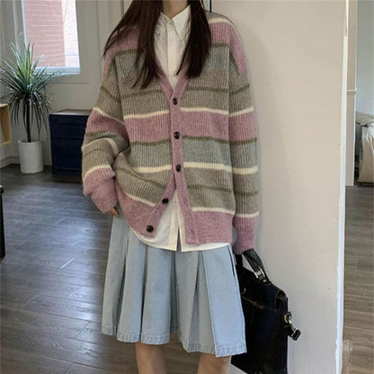 Col en v japonais paresseux Style rétro rayé pull manteau femmes