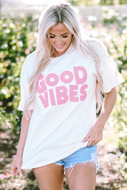 T-shirt blanc à col rond brodé en chenille GOOD VIBES