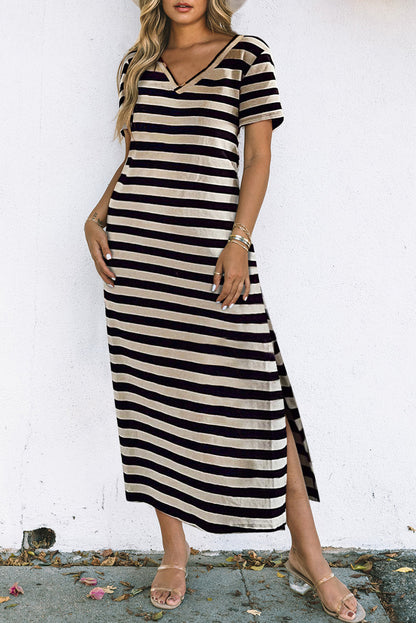 Black Casual Striped Print V Neck Side Split Maxi Dress