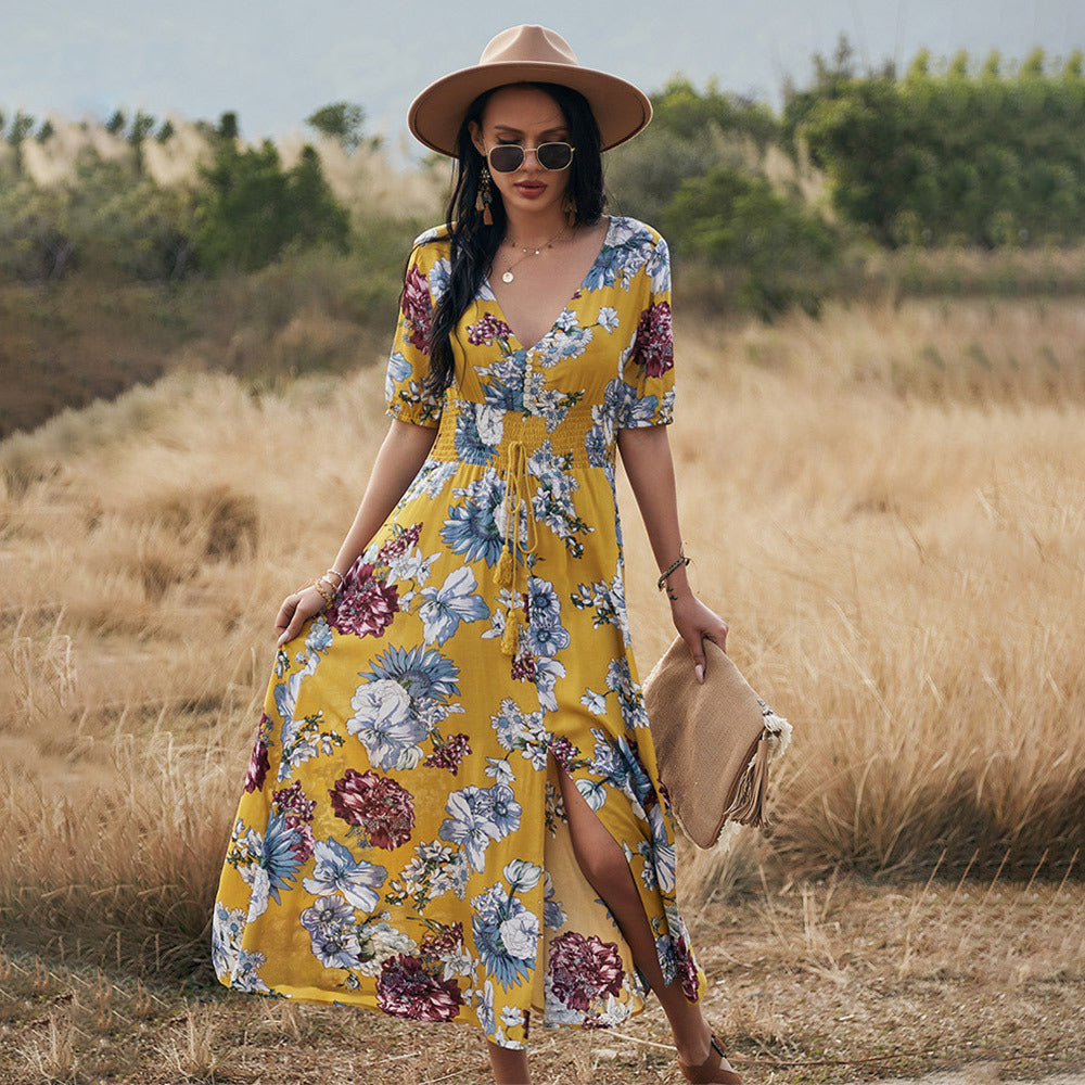 Vestido floral de playa de verano con vestidos de cintura elástica con cuello en V para mujer