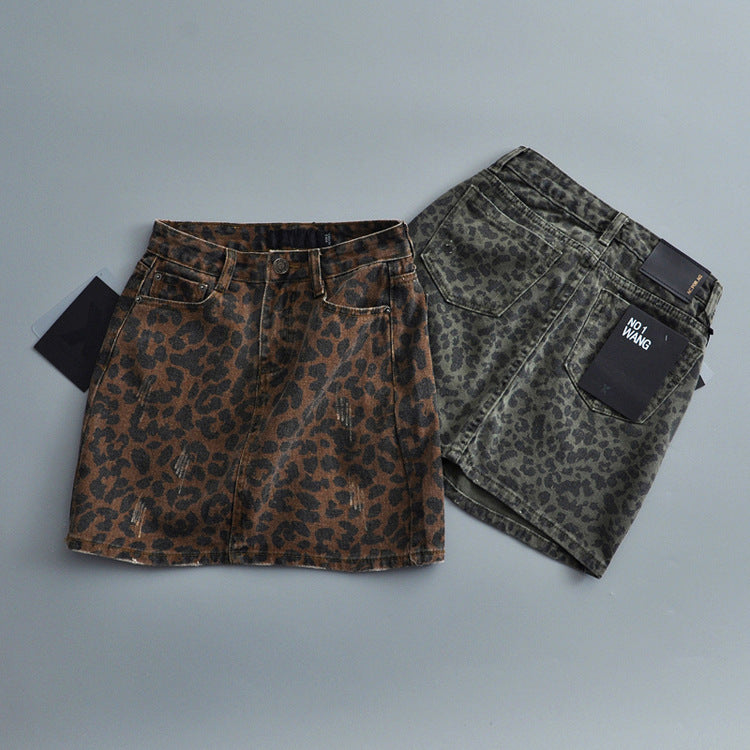 Leopard Print Denim Skirt Women's High Waist