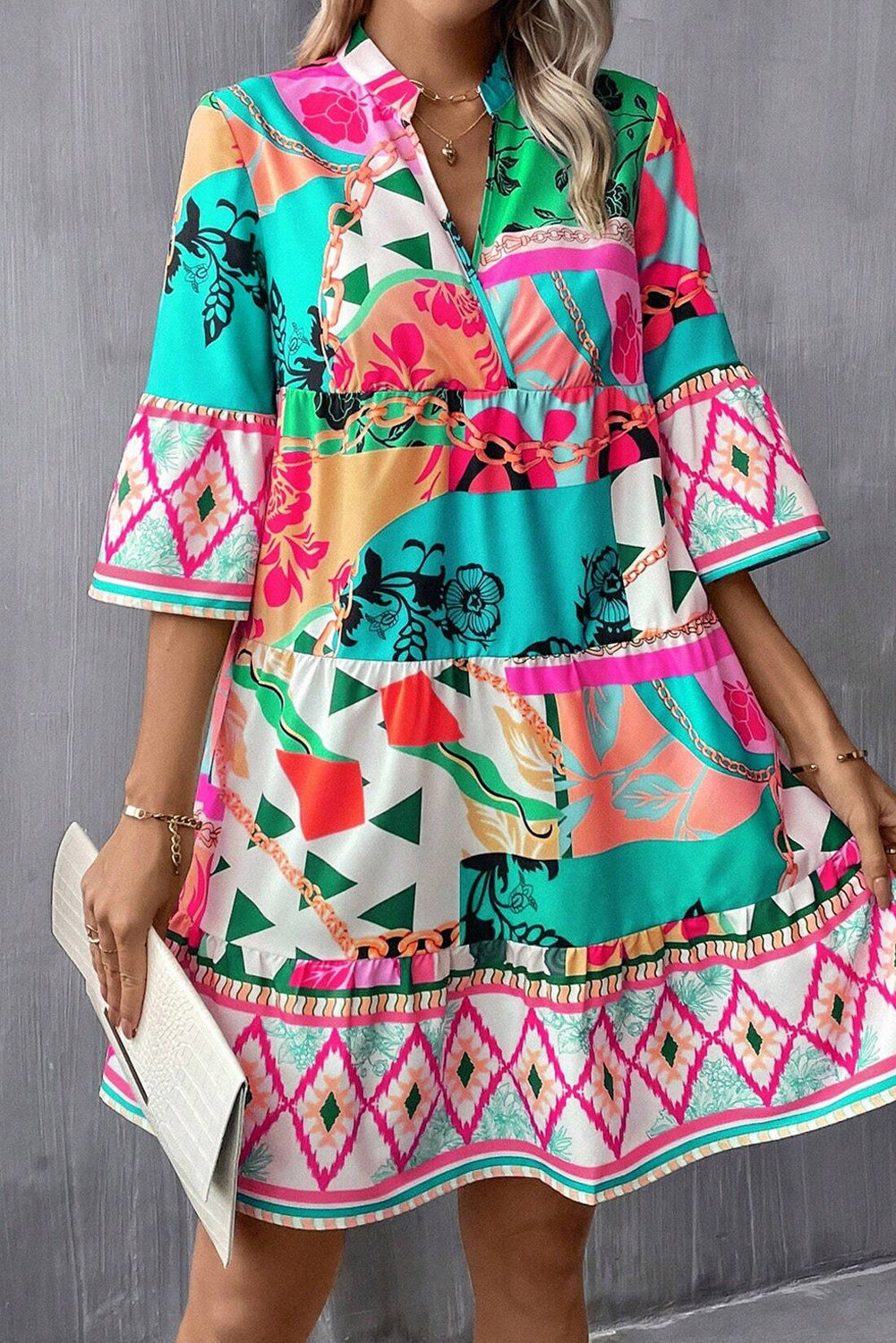 Multicolour Boho Abstract Print Flowy Tiered Dress