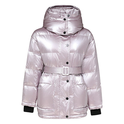 Veste d'hiver épaisse mi-longue taille duvet de canard blanc vestes ceinture mince argent brillant Parka femmes manteau