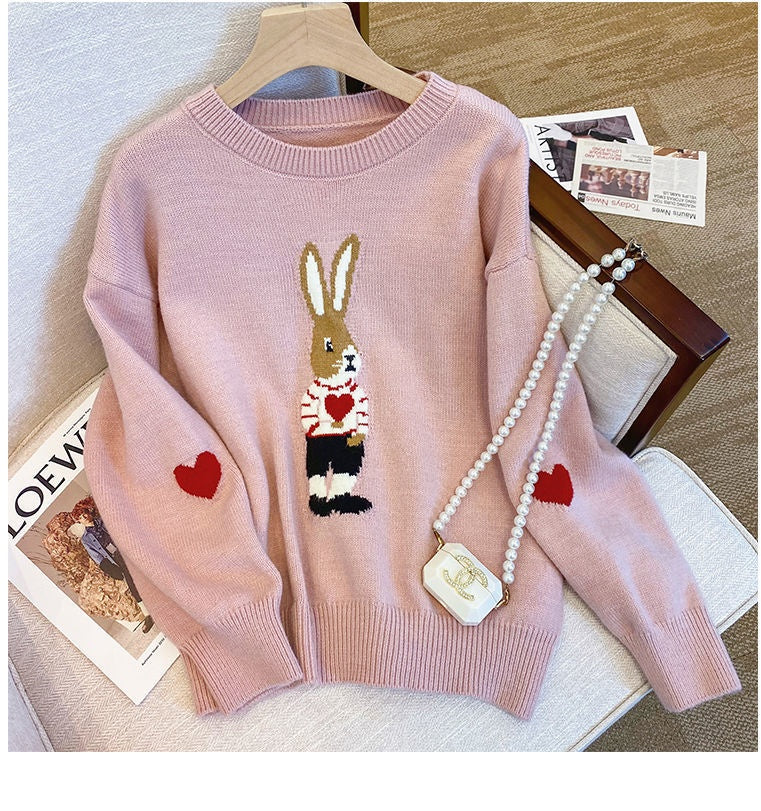 Cute Youth-looking Pullover Cartoon Rabbit Jacquard Long-sleeved Sweater