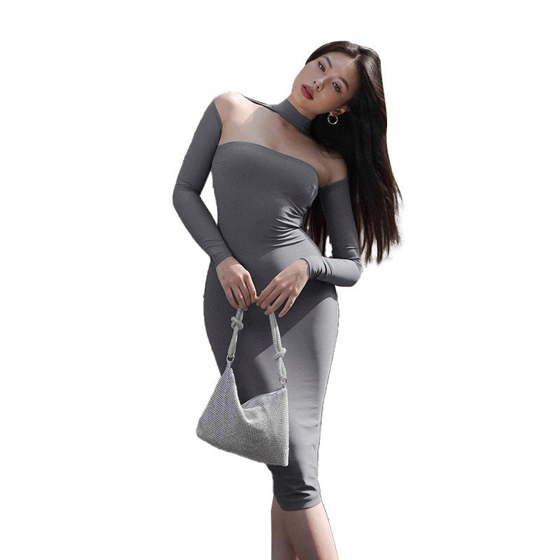 Fashion Temperament Pure Color Slim-fit Halter Off-shoulder Long Sleeve Dress