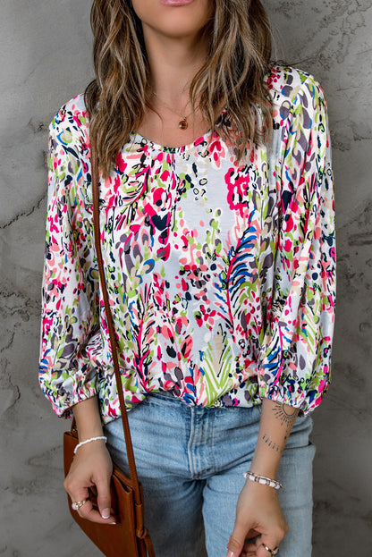 Blue Floral Print Puffy Sleeve Loose Blouse