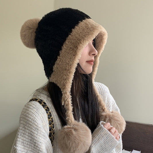 Gorro de lana con bola colgante de punto grueso y forro polar, cálido y con protección para las orejas