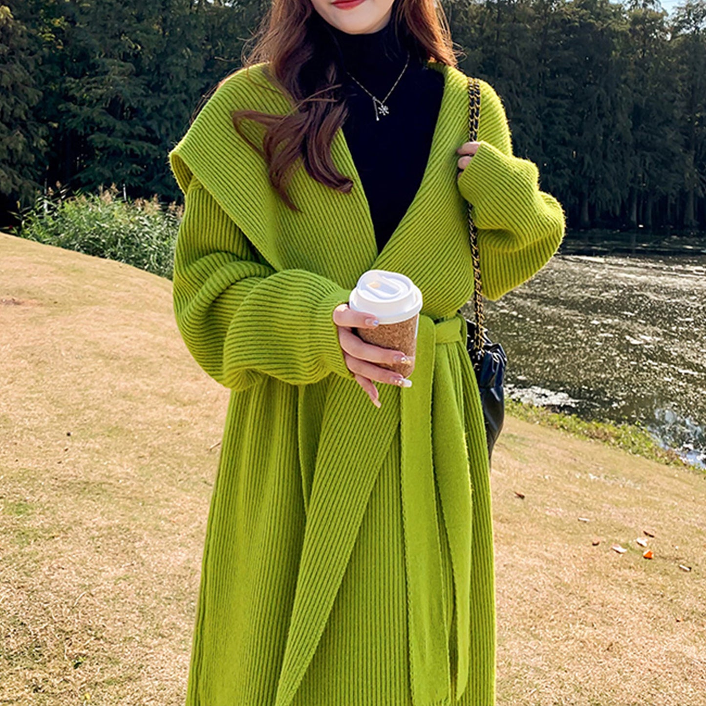 Abrigo de suéter de lana de alpaca verde engrosado cárdigan de punto suelto prendas de punto ropa hecha a mano tejido a mano, ropa de mujer