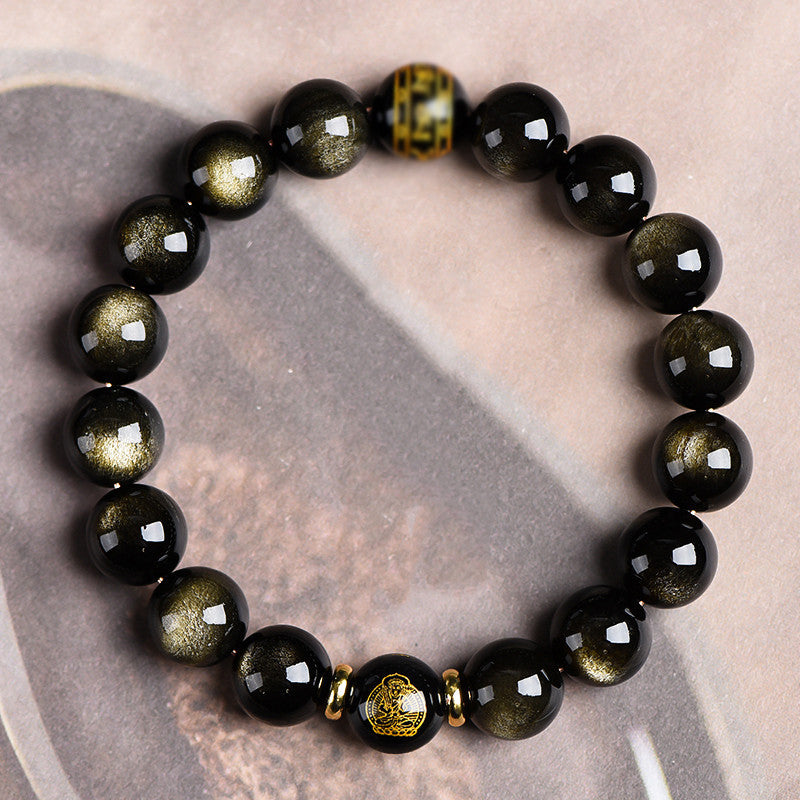 Pulsera Budista del Zodíaco de Obsidiana de Oro