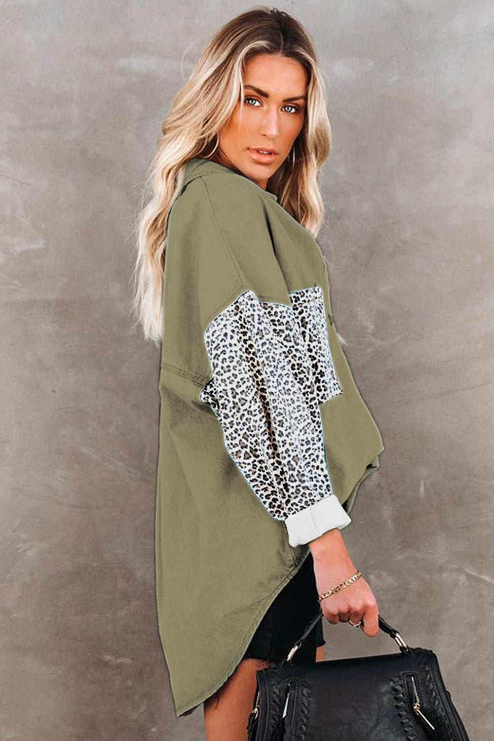 Black Contrast Leopard Denim Jacket