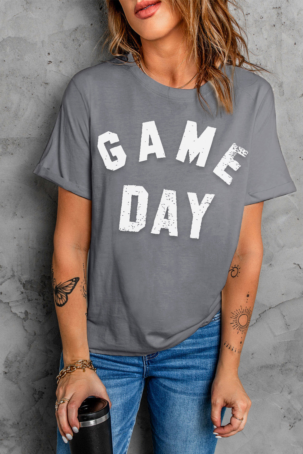 Camiseta gris con gráfico de cuello redondo GAME DAY