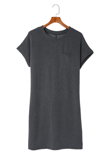 Blue Ribbed Chest Pocket Casual T Shirt Dress