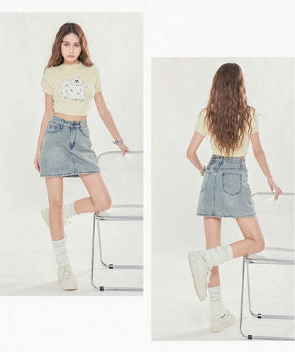 Summer High Waist New Three Breasted Denim Skirt Women