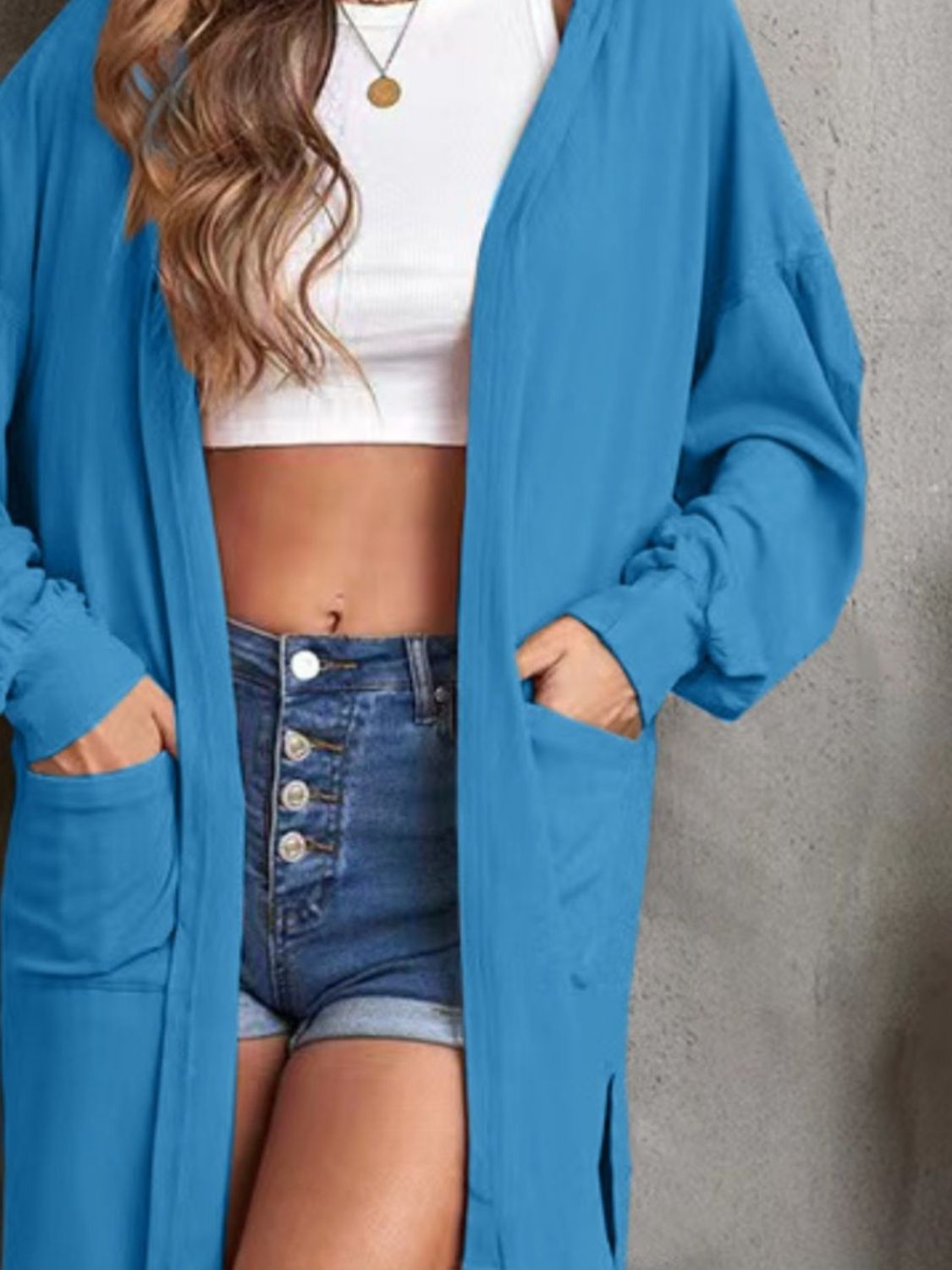 Pocketed Slit Open Front Hooded Cardigan