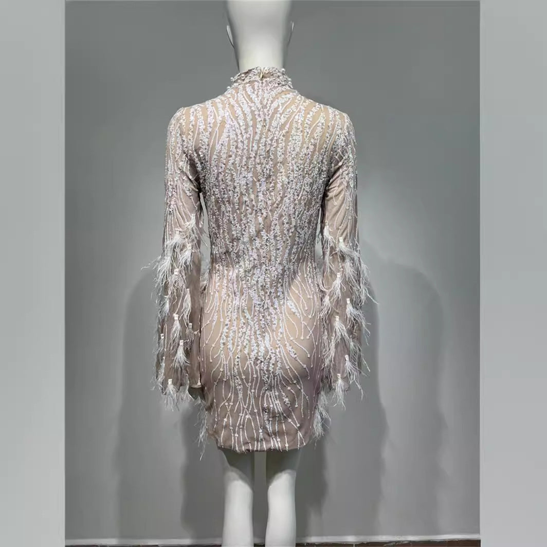 Sequin Feather Heavy Industry Foam Beads Dress