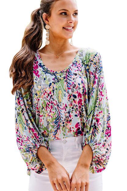 Blue Floral Print Puffy Sleeve Loose Blouse