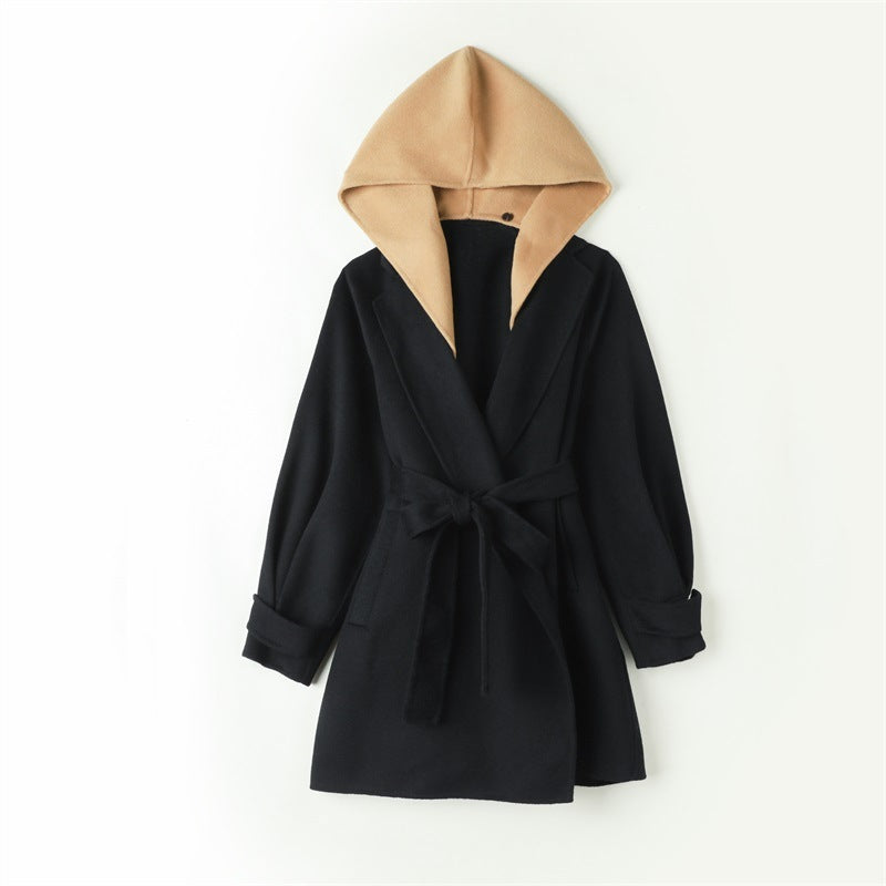 Women's Fashion Retro Contrast Color Mid-length Wool Overcoat