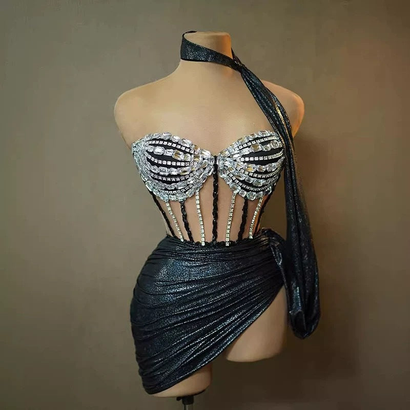 Women's Tube Top Rhinestone Chain Skirt Outfit