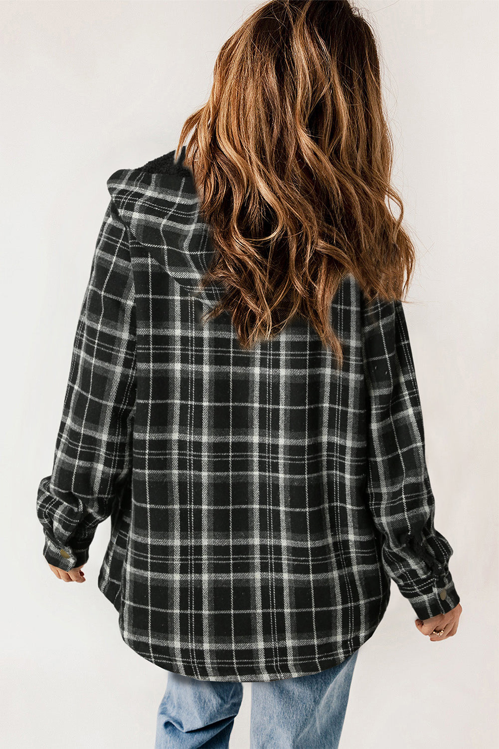 Plaid Pattern Sherpa Lined Hooded Shacket