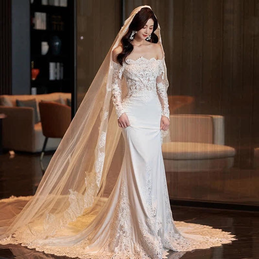 Vestido de novia de manga larga de encaje francés vintage nupcial