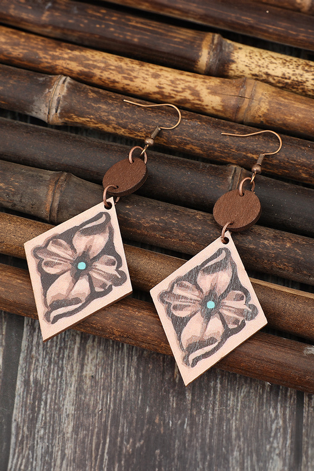 Dune Floral Wooden Rhombus Shape Dangle Earrings