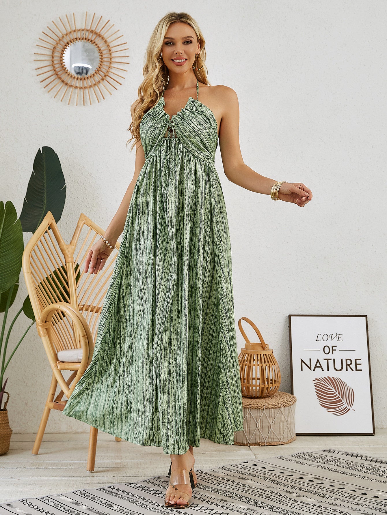 Vestido largo bohemio con cuello halter: vestido playero holgado sin mangas de verano para mujer