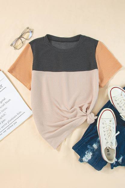 Pink Rib Textured Colorblock T Shirt